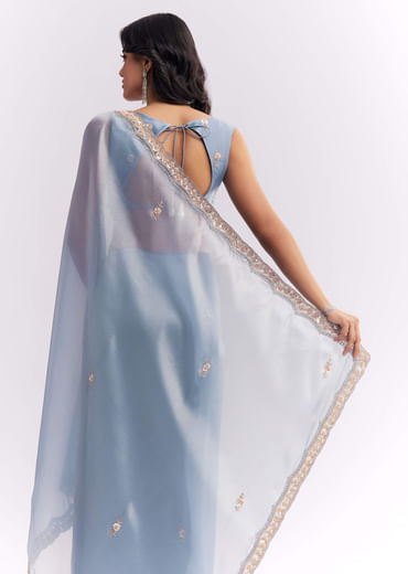 Blue Tissue Silk Saree With Heavy Hand Embroidery