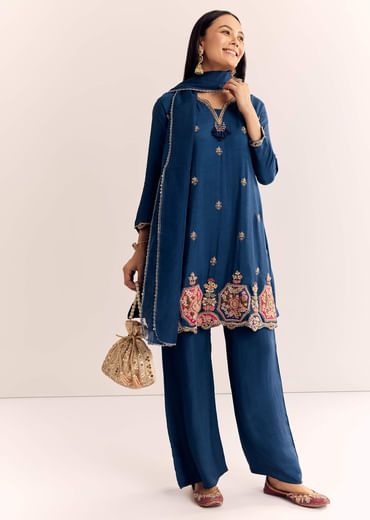 Blue Zardosi Work Dola Silk Kurta Set With Dupatta In Organza