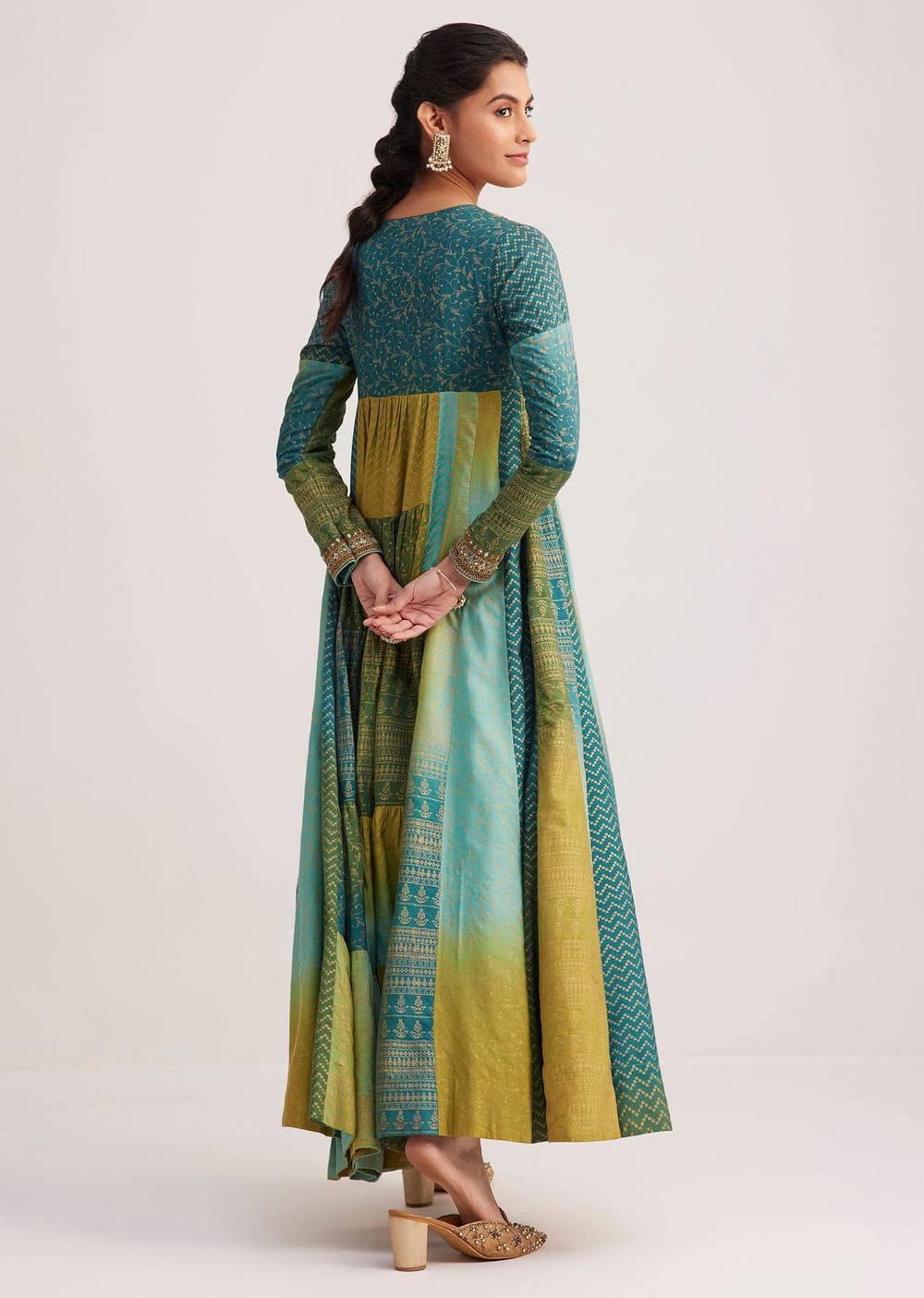 Blue And Green Silk Kurti With Indie Print