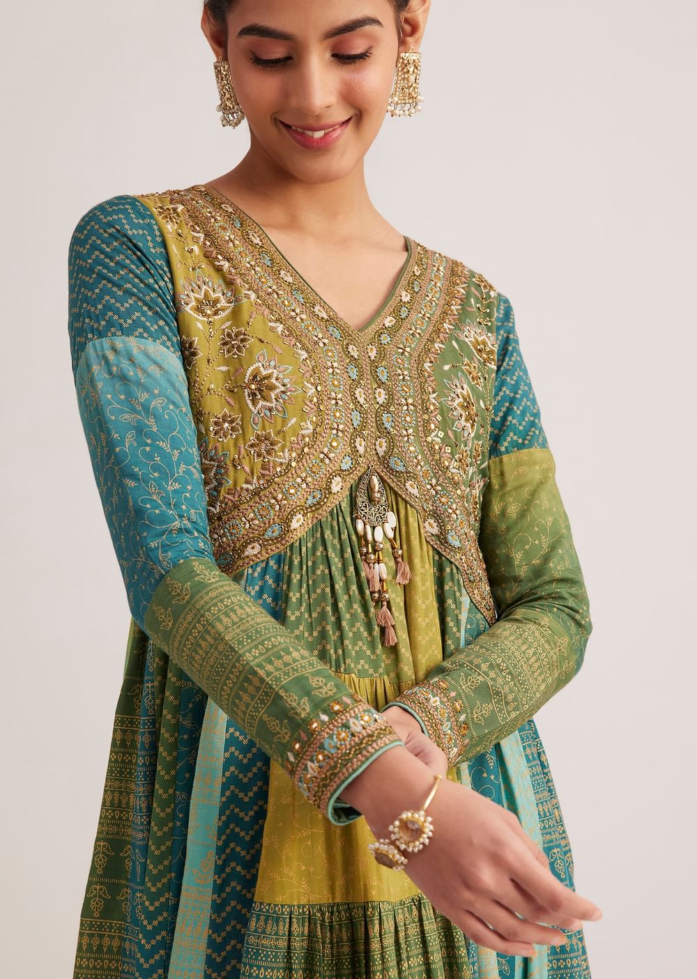 Blue And Green Silk Kurti With Indie Print