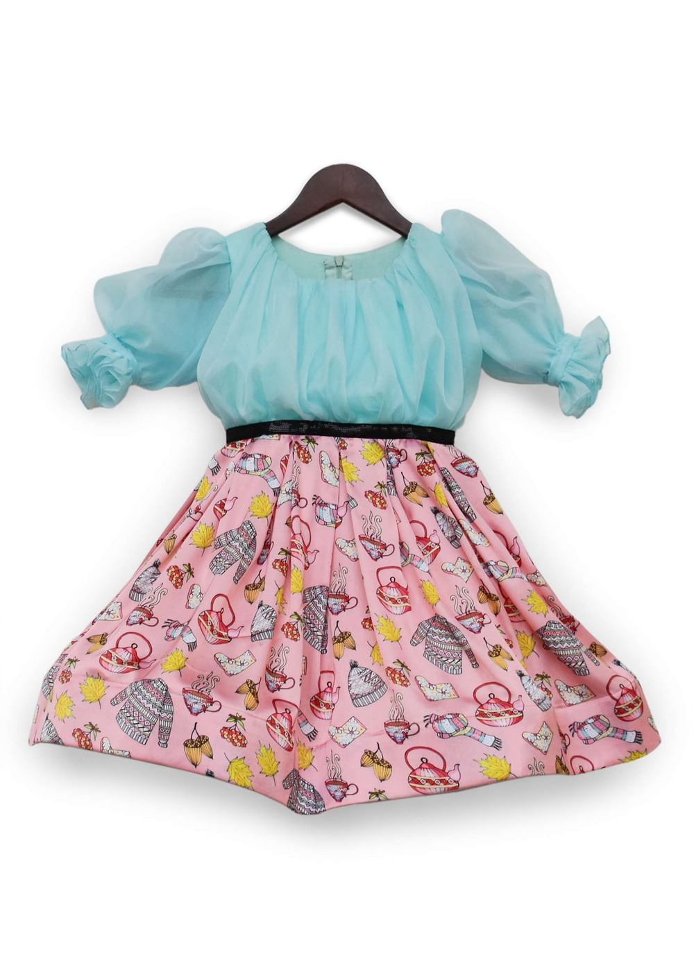 Kalki Girls Blue And Pink Organza Printed Dress With Ruffel Sleeves