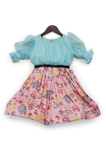 Kalki Girls Blue And Pink Organza Printed Dress With Ruffel Sleeves