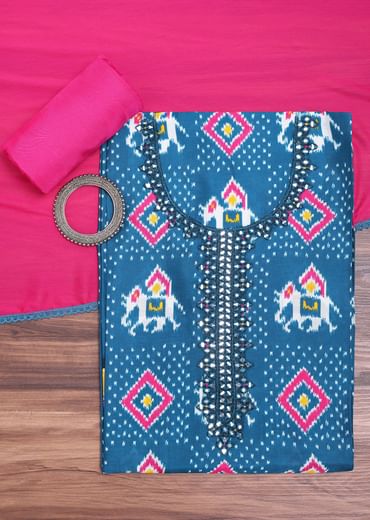 Blue And Pink Patola Printed Tussar Dress Material