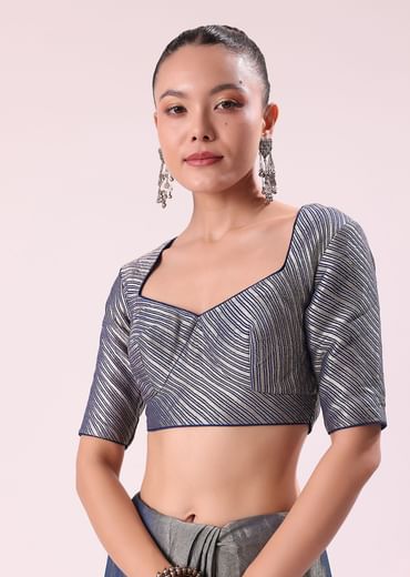 Blue And Silver Half Striped Chanderi Saree Wiith Stitched Blouse
