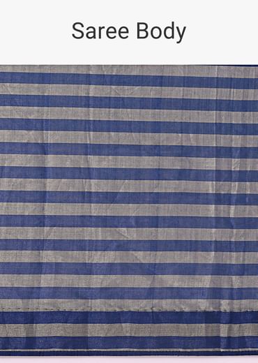 Blue And Silver Half Striped Chanderi Saree Wiith Stitched Blouse