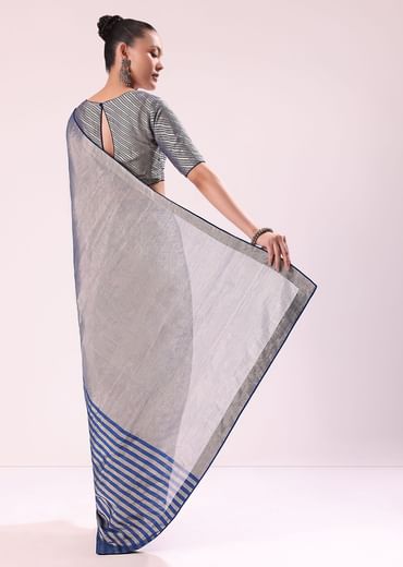 Blue And Silver Half Striped Chanderi Saree Wiith Stitched Blouse