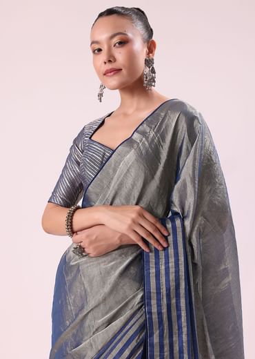 Blue And Silver Half Striped Chanderi Saree Wiith Stitched Blouse