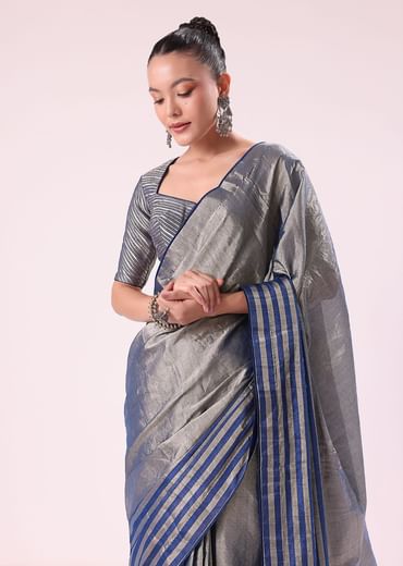 Blue And Silver Half Striped Chanderi Saree Wiith Stitched Blouse