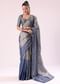 Blue And Silver Half Striped Chanderi Saree Wiith Stitched Blouse