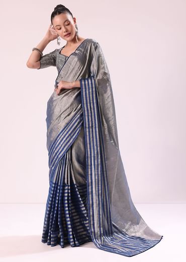 Blue And Silver Half Striped Chanderi Saree Wiith Stitched Blouse