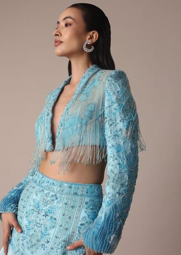 Blue Ombre Organza Fishcut Skirt With Tassel Short Jacket