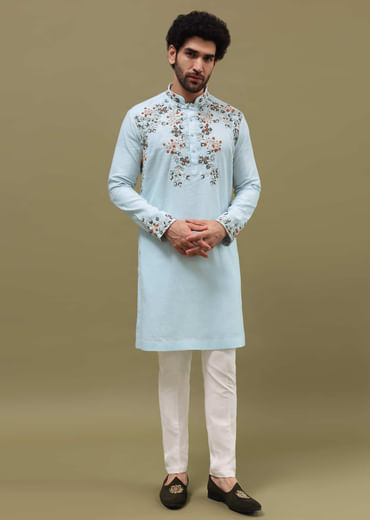 Blue Bud Embroidered Linen Kurta Set For Men