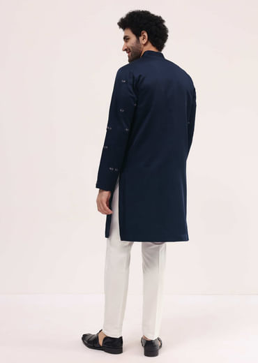 Blue Bud Embroidered Silk Kurta Set For Men