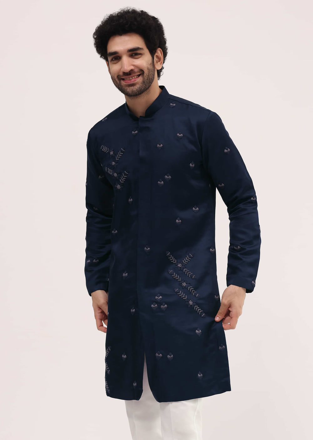 Blue Bud Embroidered Silk Kurta Set For Men