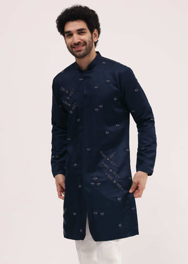 Blue Bud Embroidered Silk Kurta Set For Men