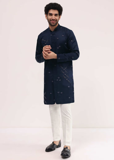 Blue Bud Embroidered Silk Kurta Set For Men