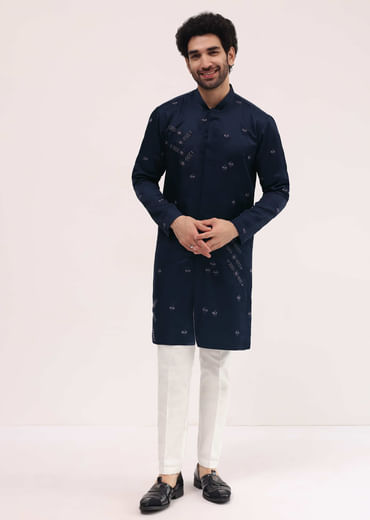 Blue Bud Embroidered Silk Kurta Set For Men