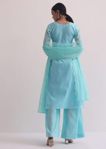 Blue Chanderi Patchwork Palazzo Set With Lace Trims