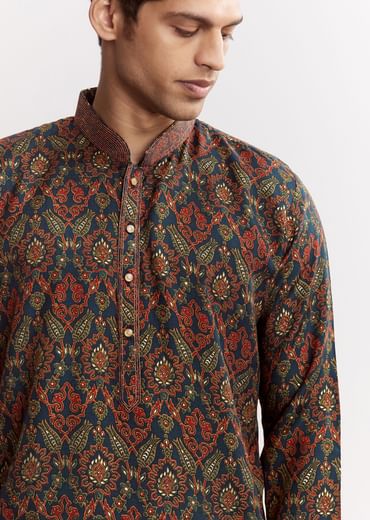Blue Chanderi Printed Kurta Set With Mandarin Collar