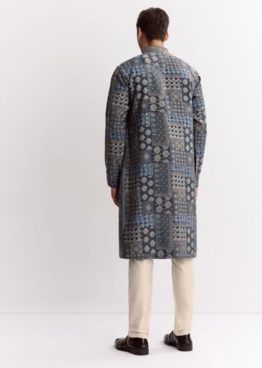 Blue Chanderi Printed Kurta Set With Stone Sequins And Cutdana