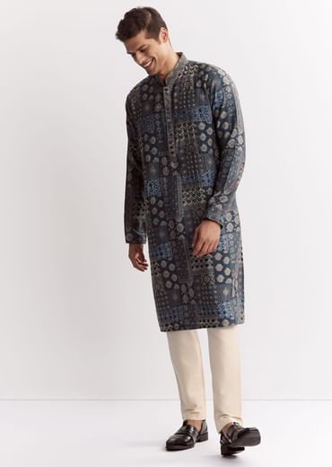 Blue Chanderi Printed Kurta Set With Stone Sequins And Cutdana