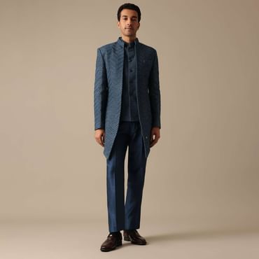 Blue Chanderi Silk Indowestern Fusion Jacket Set