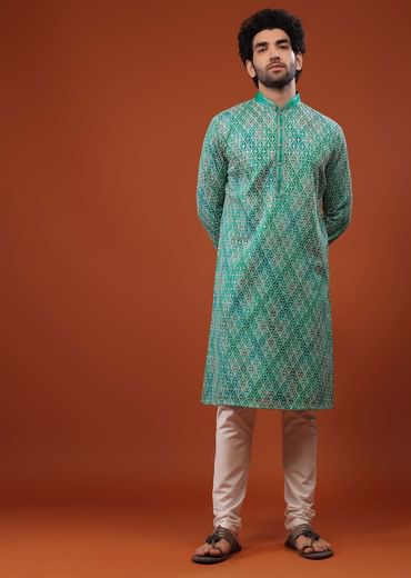 Blue Chinon Silk Kurta Set With Thread Embroidery