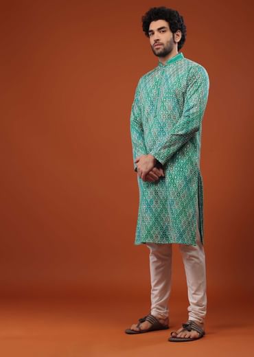 Blue Chinon Silk Kurta Set With Thread Embroidery