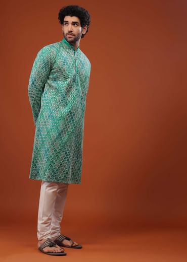 Blue Chinon Silk Kurta Set With Thread Embroidery