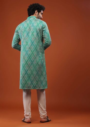 Blue Chinon Silk Kurta Set With Thread Embroidery