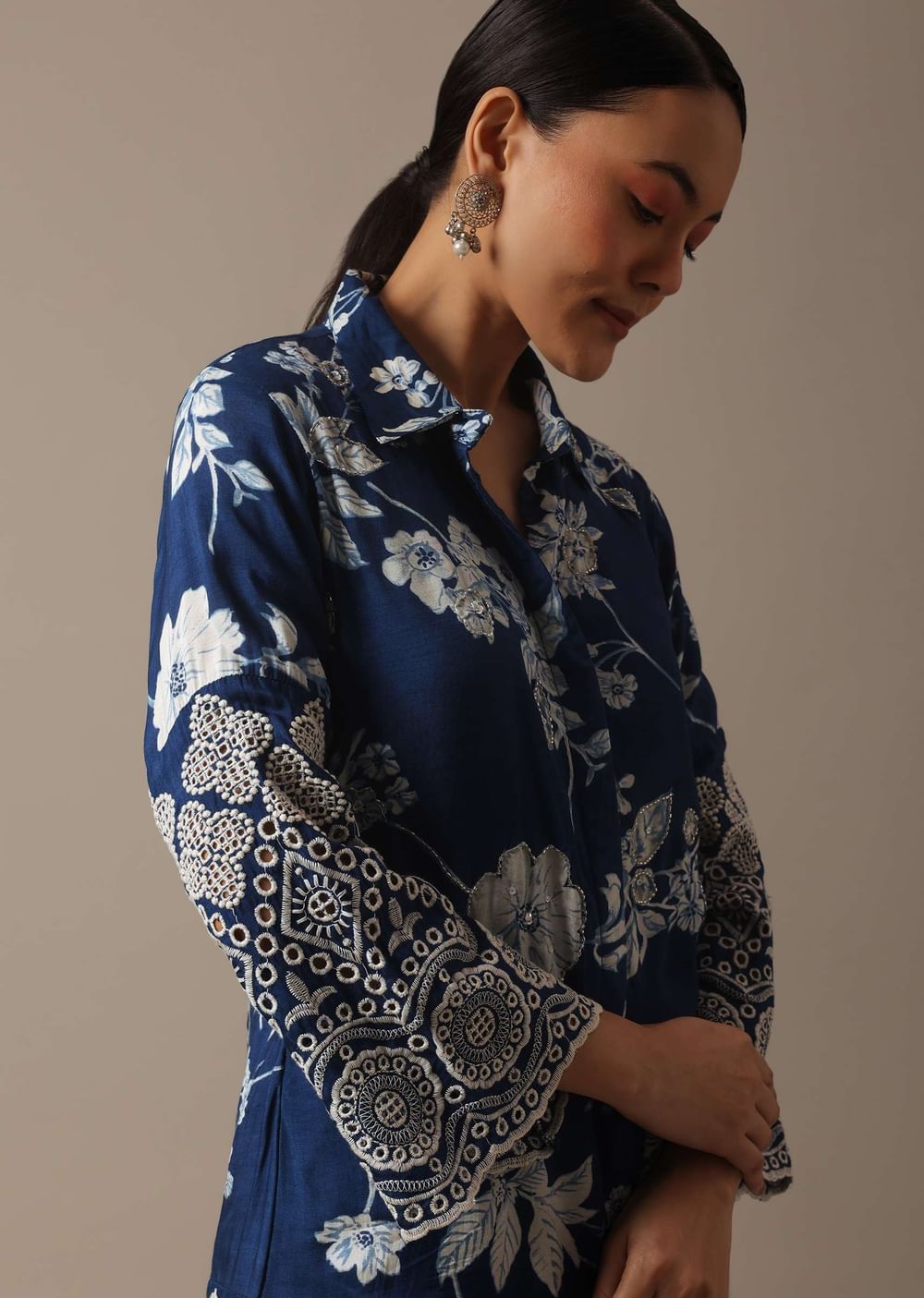 Blue Colorblock Shirt Kurta And Dhoti Set With Schiffli Work