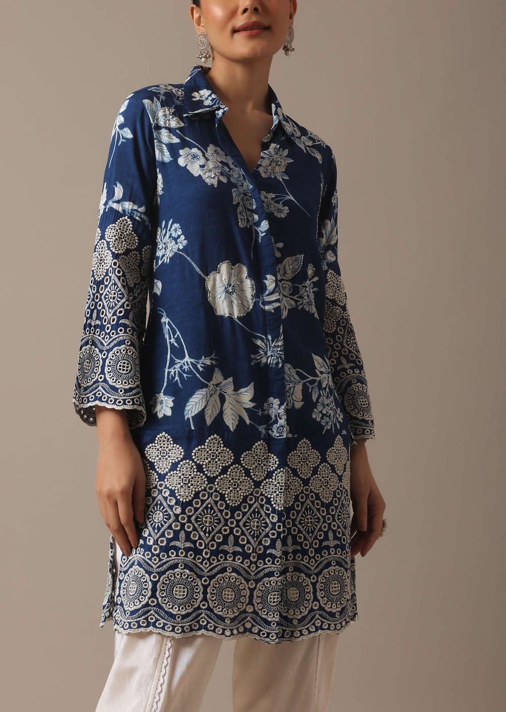 Blue Colorblock Shirt Kurta And Dhoti Set With Schiffli Work