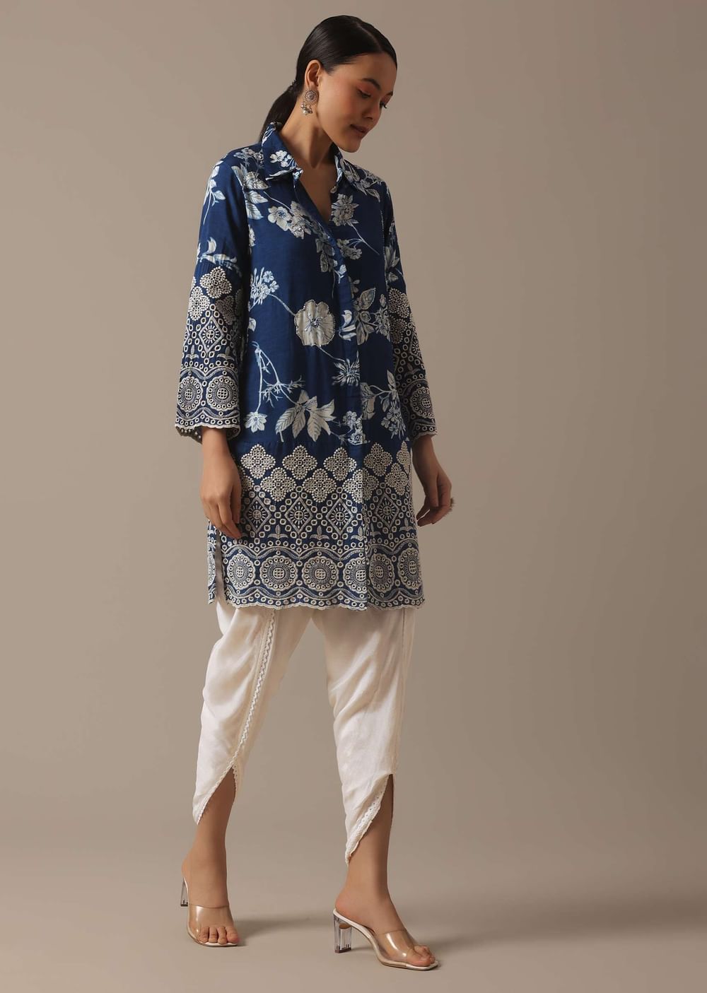 Blue Colorblock Shirt Kurta And Dhoti Set With Schiffli Work