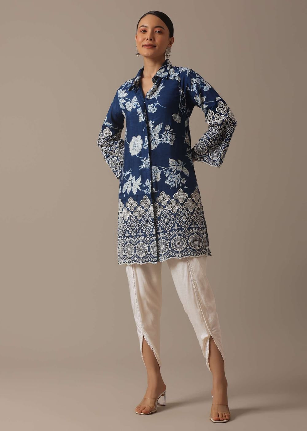 Blue Colorblock Shirt Kurta And Dhoti Set With Schiffli Work