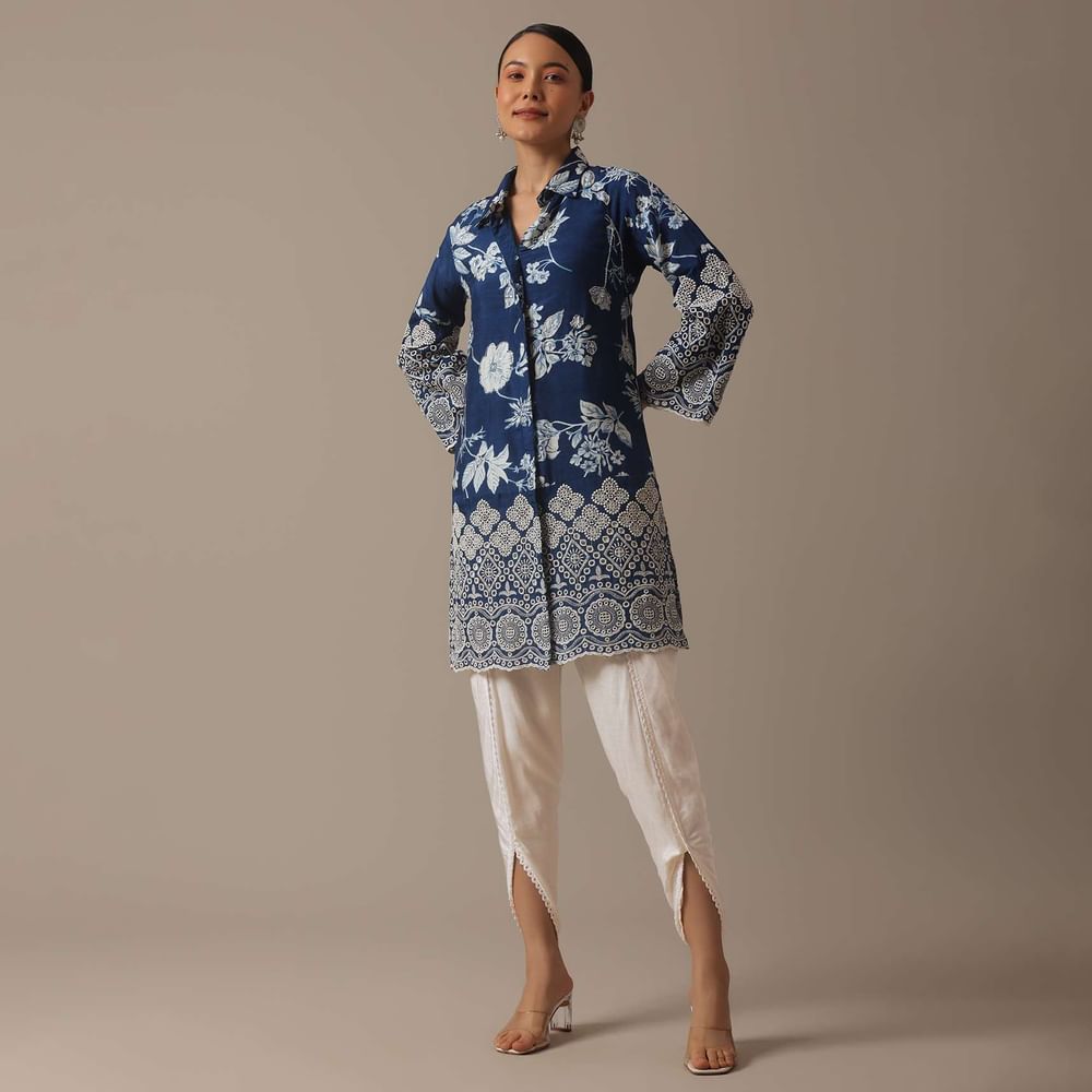Blue Colorblock Shirt Kurta And Dhoti Set With Schiffli Work