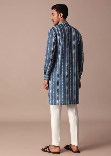 Blue Cotton Silk Kurta With Print