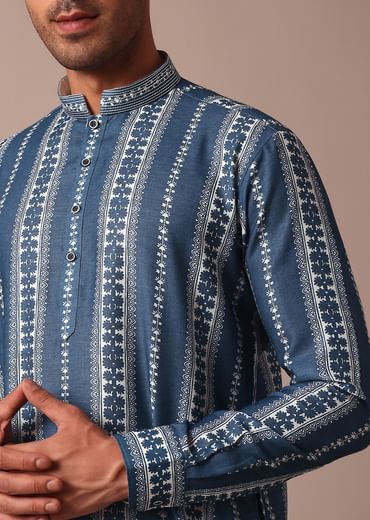 Blue Cotton Silk Kurta With Print