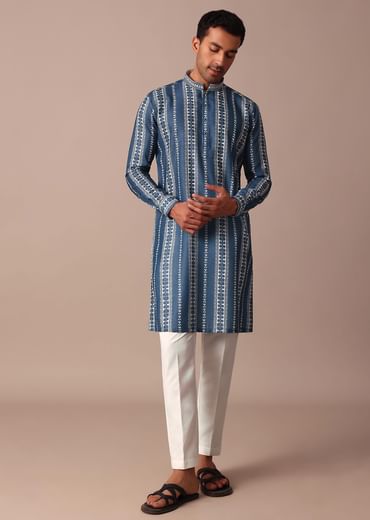 Blue Cotton Silk Kurta With Print