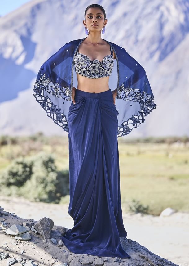 Blue Crepe Draped Skirt With Embroidered Blouse And Cape