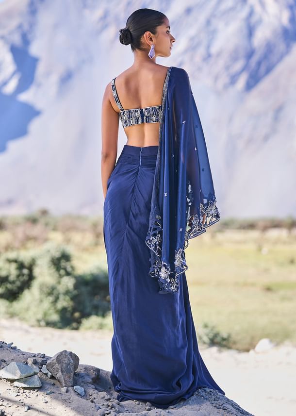 Blue Crepe Draped Skirt With Embroidered Blouse And Cape