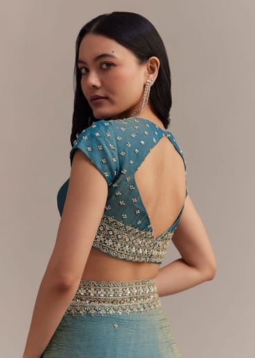 Blue Crushed Tissue Saree With Scallop Embellished Border