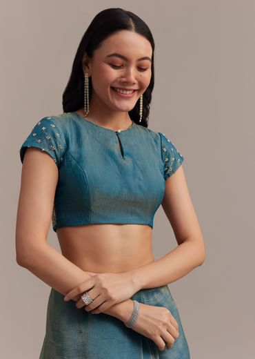 Blue Crushed Tissue Saree With Scallop Embellished Border