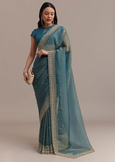 Blue Crushed Tissue Saree With Scallop Embellished Border