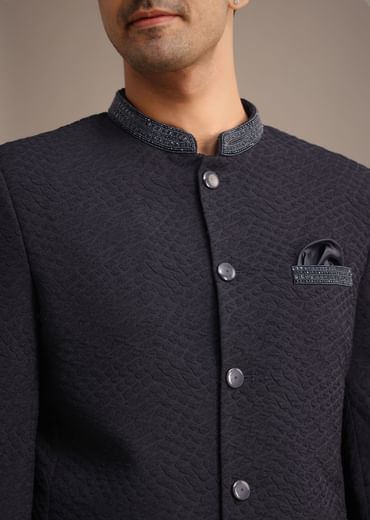 Blue Cutdana Work Jodhpuri And Pant Set With Pocket Square