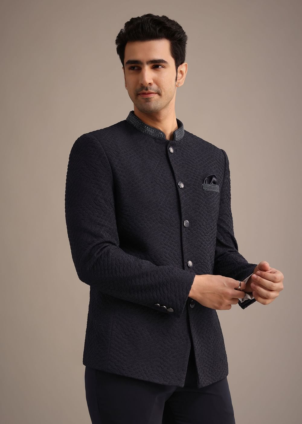 Blue Cutdana Work Jodhpuri And Pant Set With Pocket Square