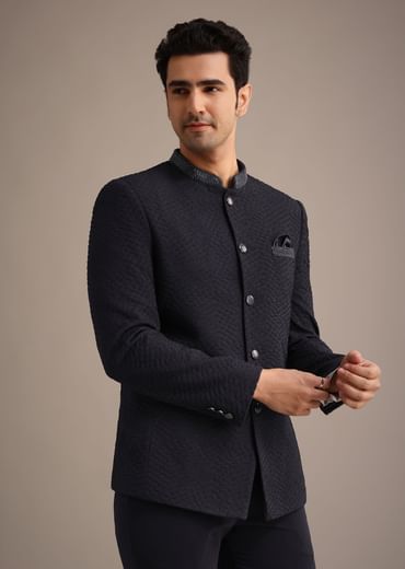 Blue Cutdana Work Jodhpuri And Pant Set With Pocket Square