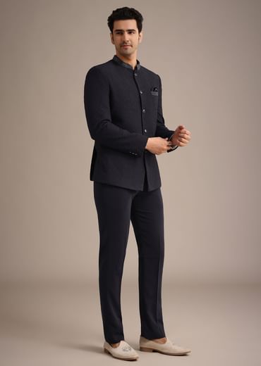 Blue Cutdana Work Jodhpuri And Pant Set With Pocket Square