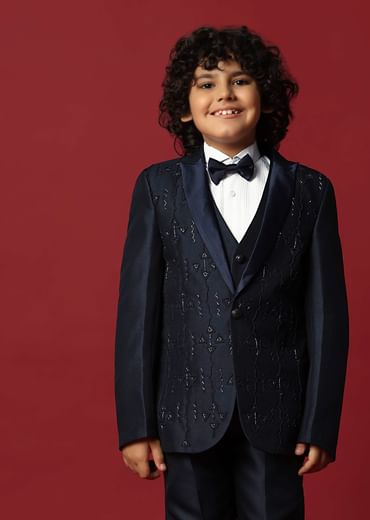 Blue Cutwork Embroidery Festive Tuxedo For Boys