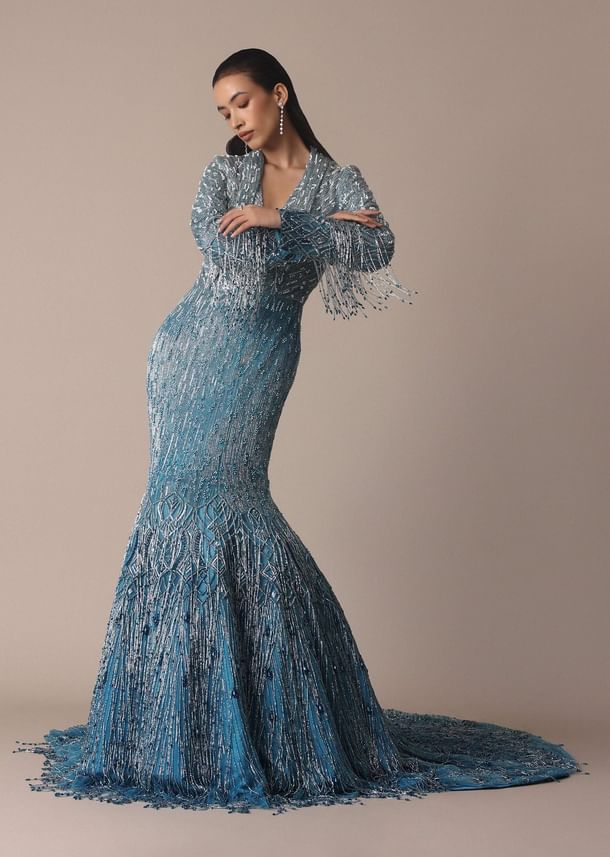 Blue Fish Cut Ombre Trail Embroidered Gown