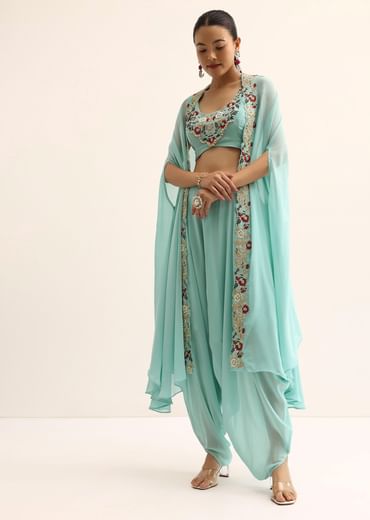 Blue Embellished Crop Top And Dhoti Set